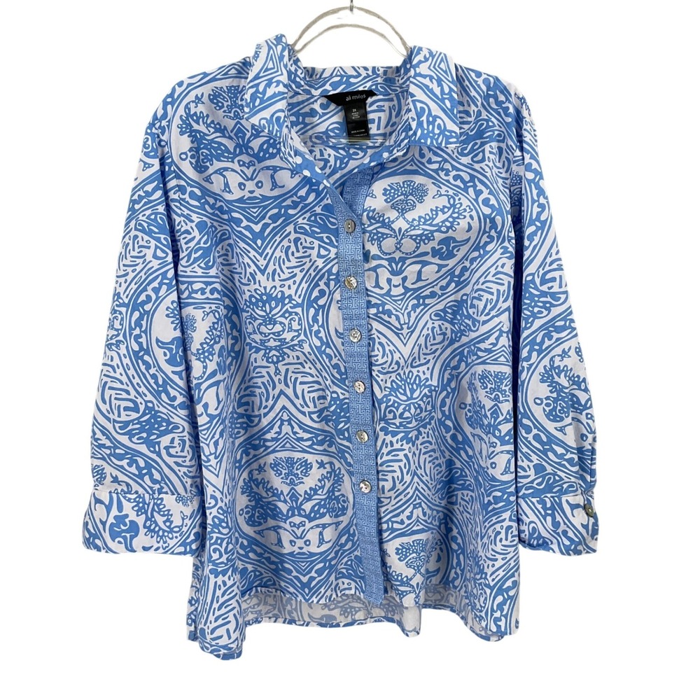 Ali Miles Button Down Shirt Womens 2X Blue White Damask Paisley Coastal Classic